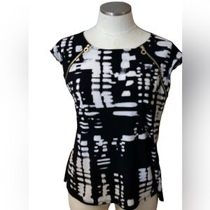 Calvin Klein Sleeveless Black and White Blouse with Decorative Gold Zippers